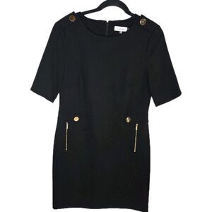 Calvin Klein Women’s 8 Black Sheath Dress Gold Button Zip Accent Short Sleeve EU